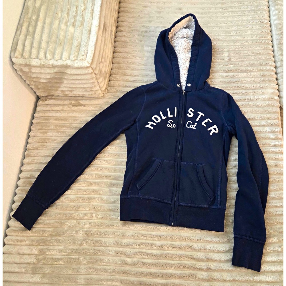 Vtg Y2K Hollister Sherpa Faux Fur Lined Hoodie Navy Blue So Cal Spellout XS Prep